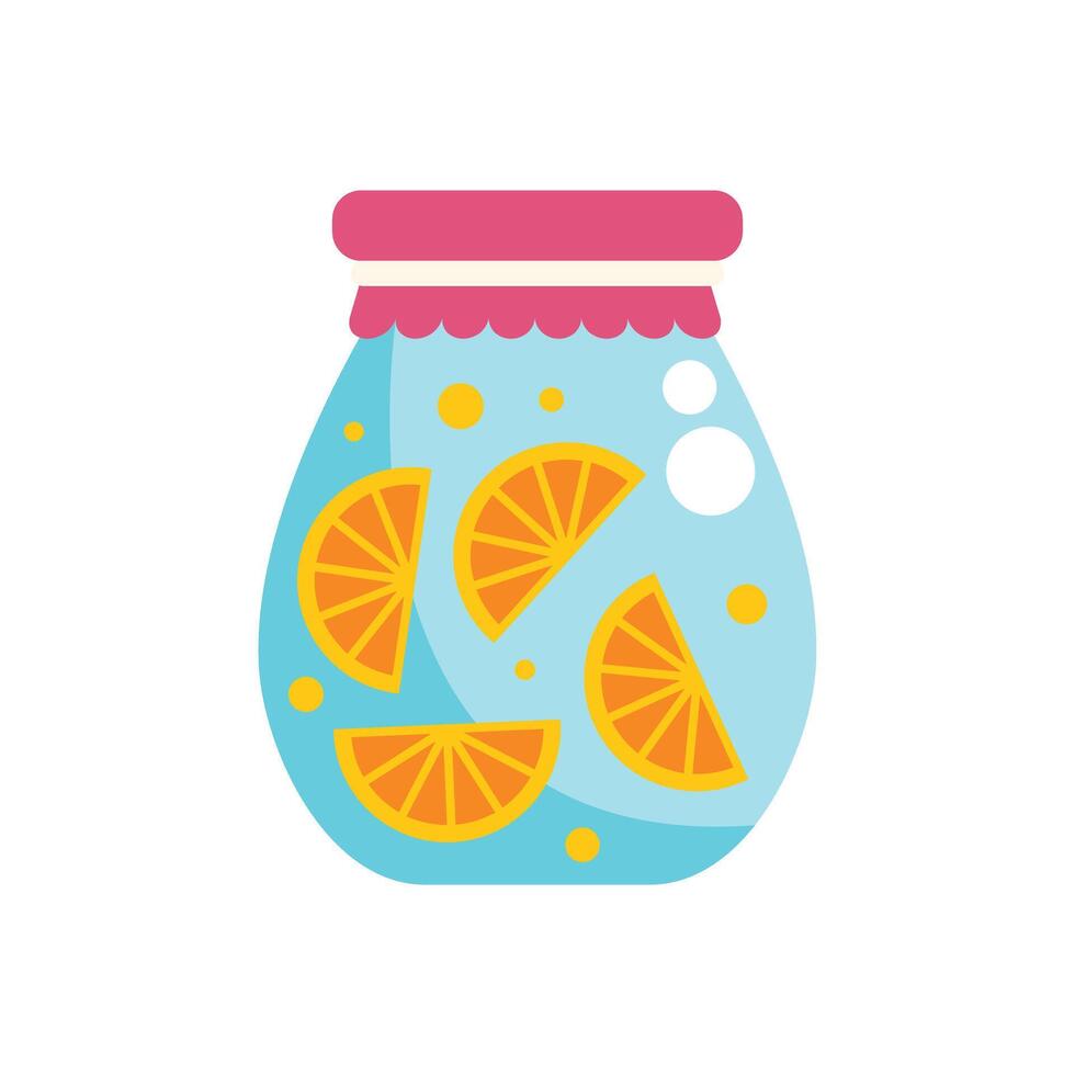 Glass jar preserving sliced oranges in light blue liquid vector