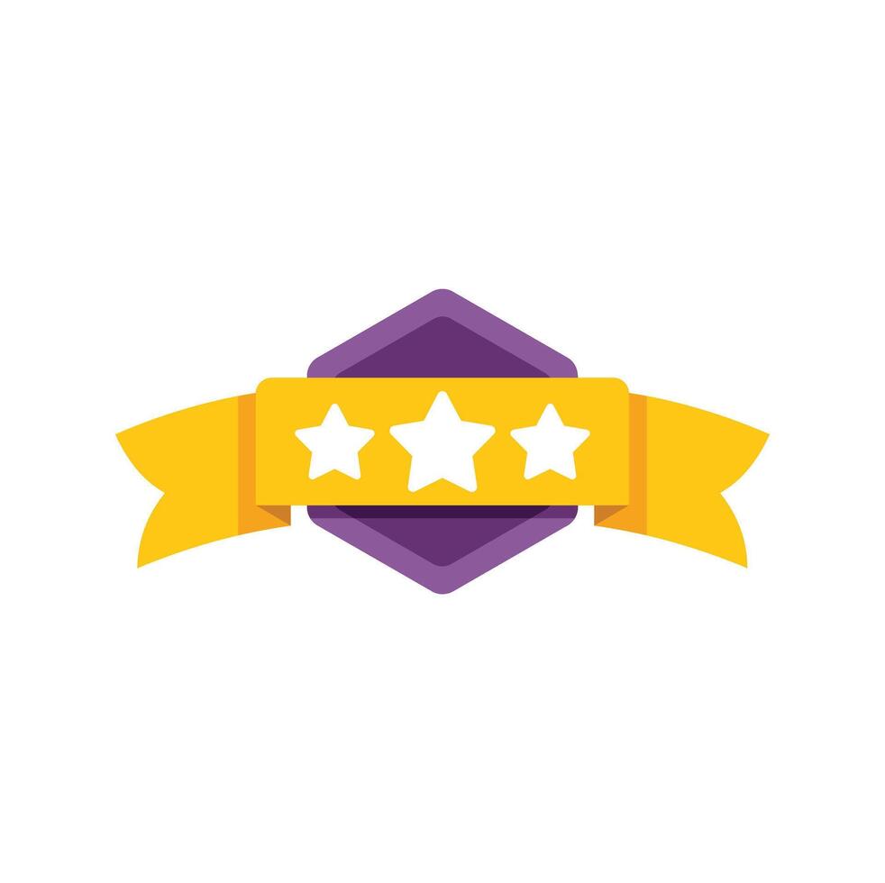 Three stars quality rating with yellow ribbon and purple hexagon vector