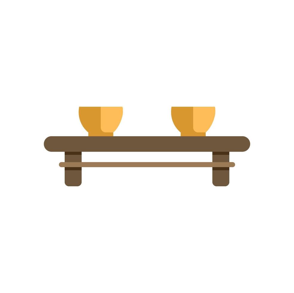 Two yellow ceramic bowls resting on wooden shelf with rope hanger vector
