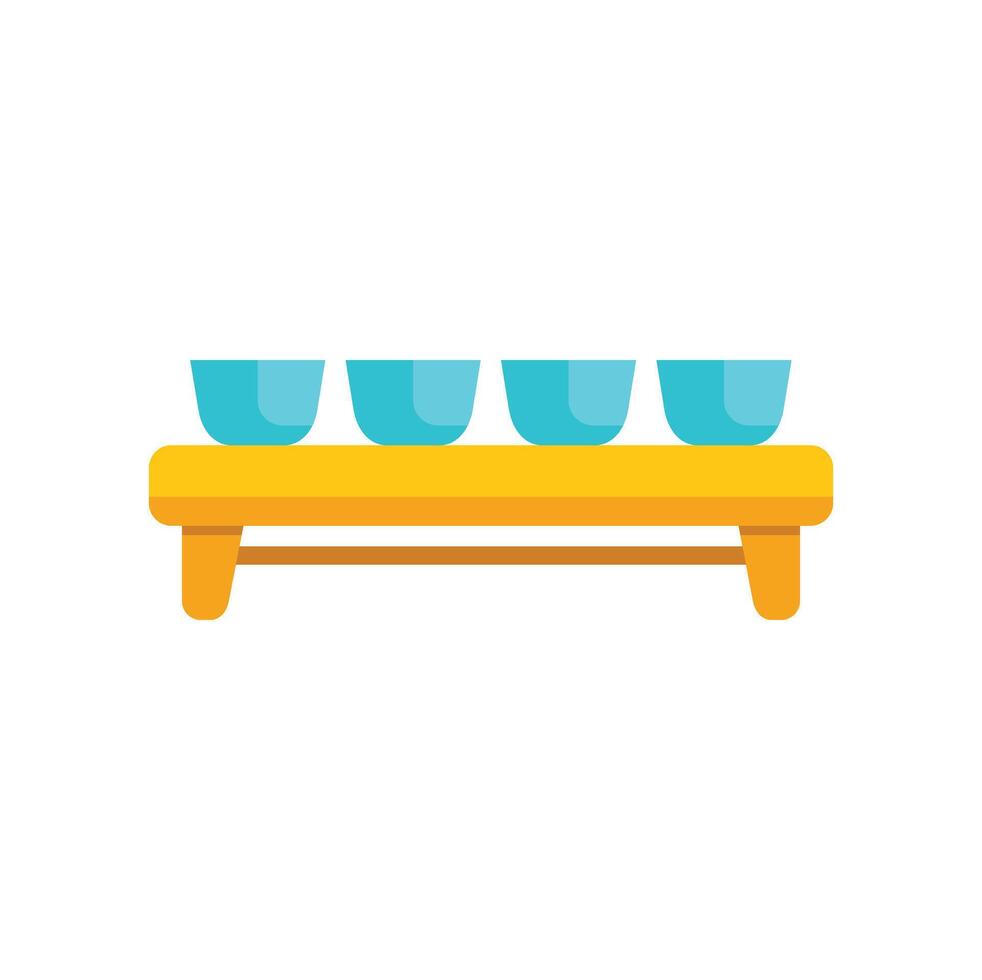 Four blue ceramic bowls sitting on wooden shelf in kitchen vector