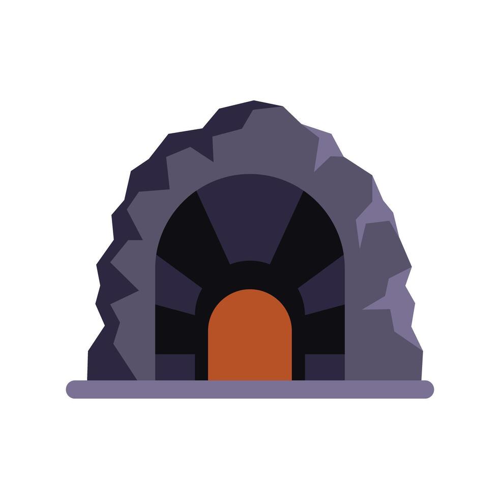 Mining tunnel entrance with glowing light inside rocky mountain cave vector