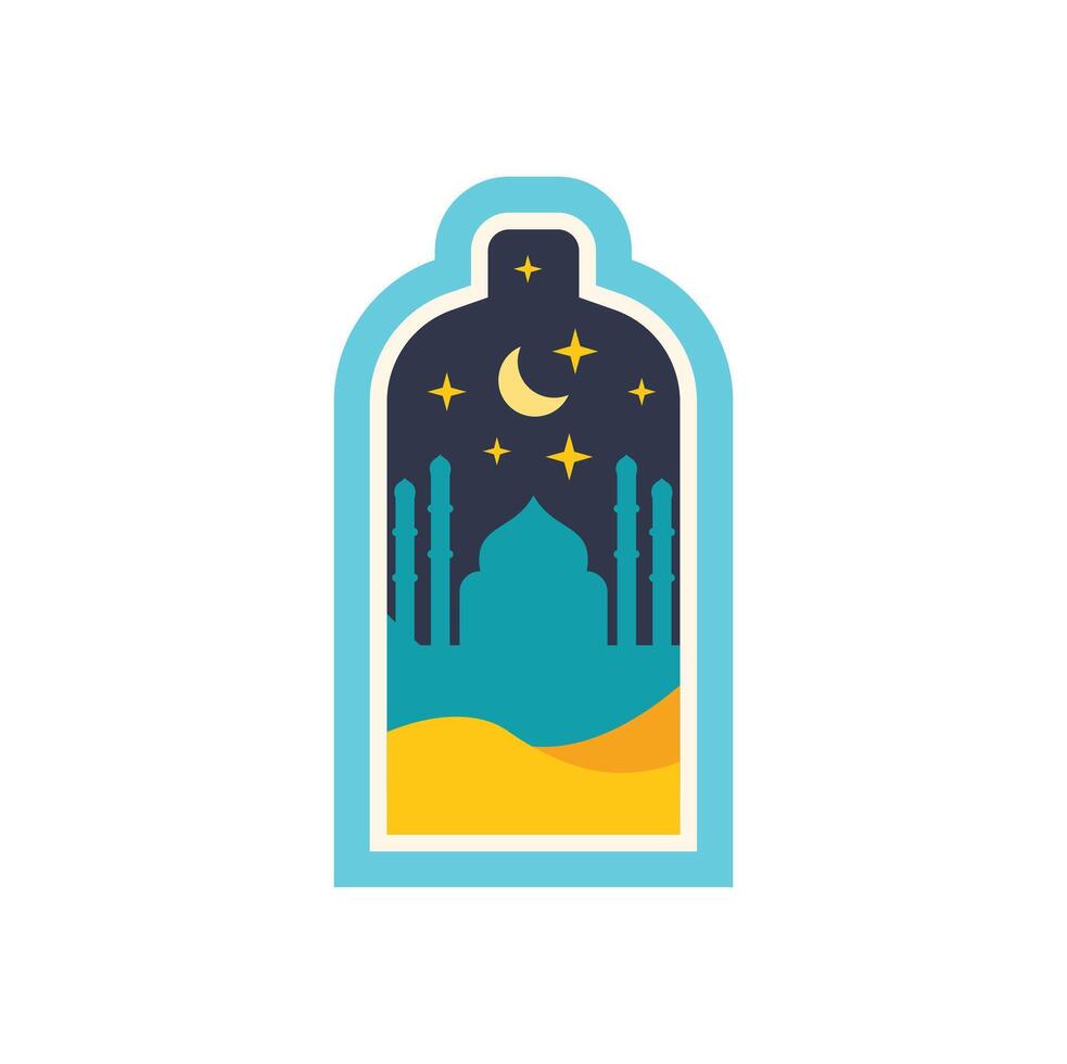 Mosque silhouette at night with crescent moon and stars in desert landscape inside window frame vector
