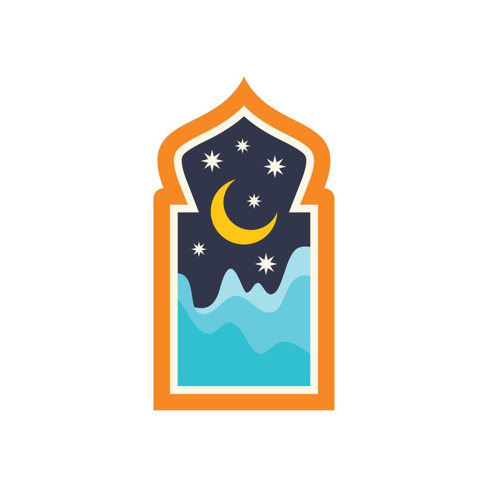 Crescent moon and stars shining over ocean waves in arabic window frame vector