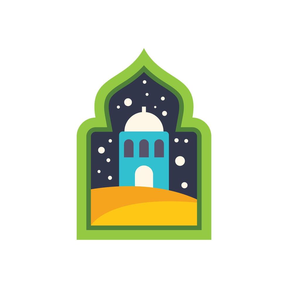 Mosque building with dome and minaret under starry night sky in desert landscape vector