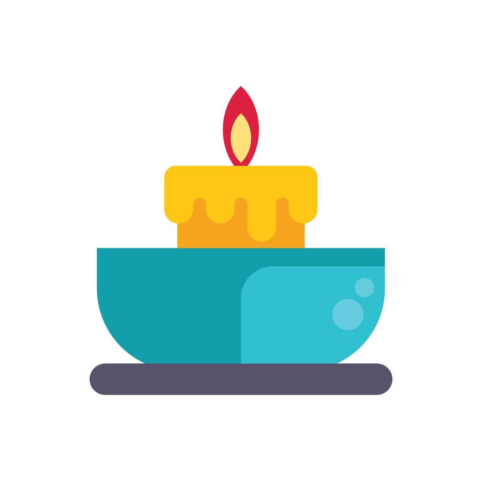 Burning candle resting on a bowl with dripping wax in flat design style vector