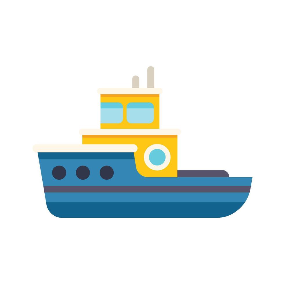 Tugboat sailing on water with yellow cabin and blue hull vector