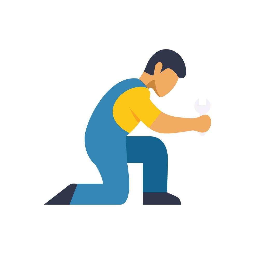 Mechanic kneeling and holding a wrench, repair and maintenance concept vector
