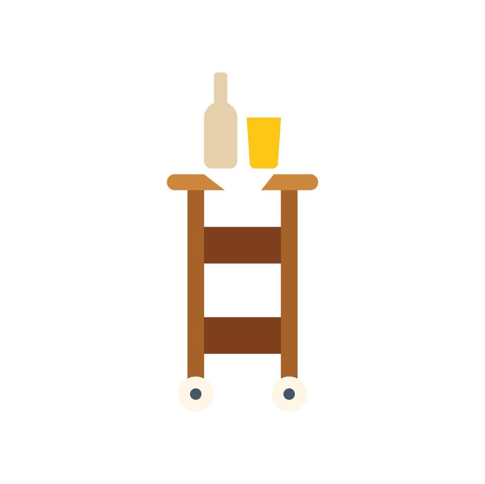 Serving cart holding bottle and glass, catering service icon vector