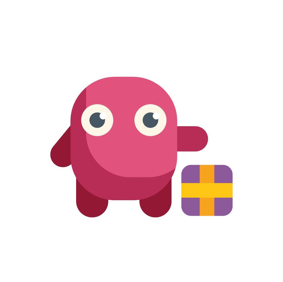 Friendly pink monster character giving a gift box, generosity and celebration vector