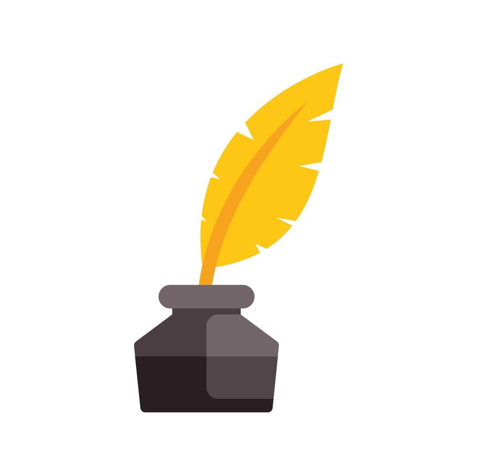 Yellow feather quill pen dipping into inkwell, writing instrument for calligraphy and handwriting vector