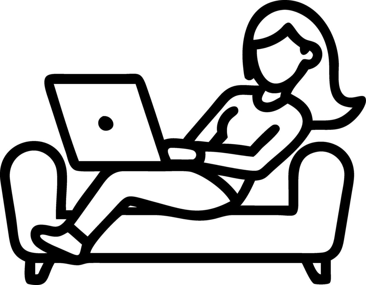 Young woman relaxed on home sofa uses laptop to surf internet engage in online ecommerce shopping order sale products on website and watch videos or participate in e learning conce vector