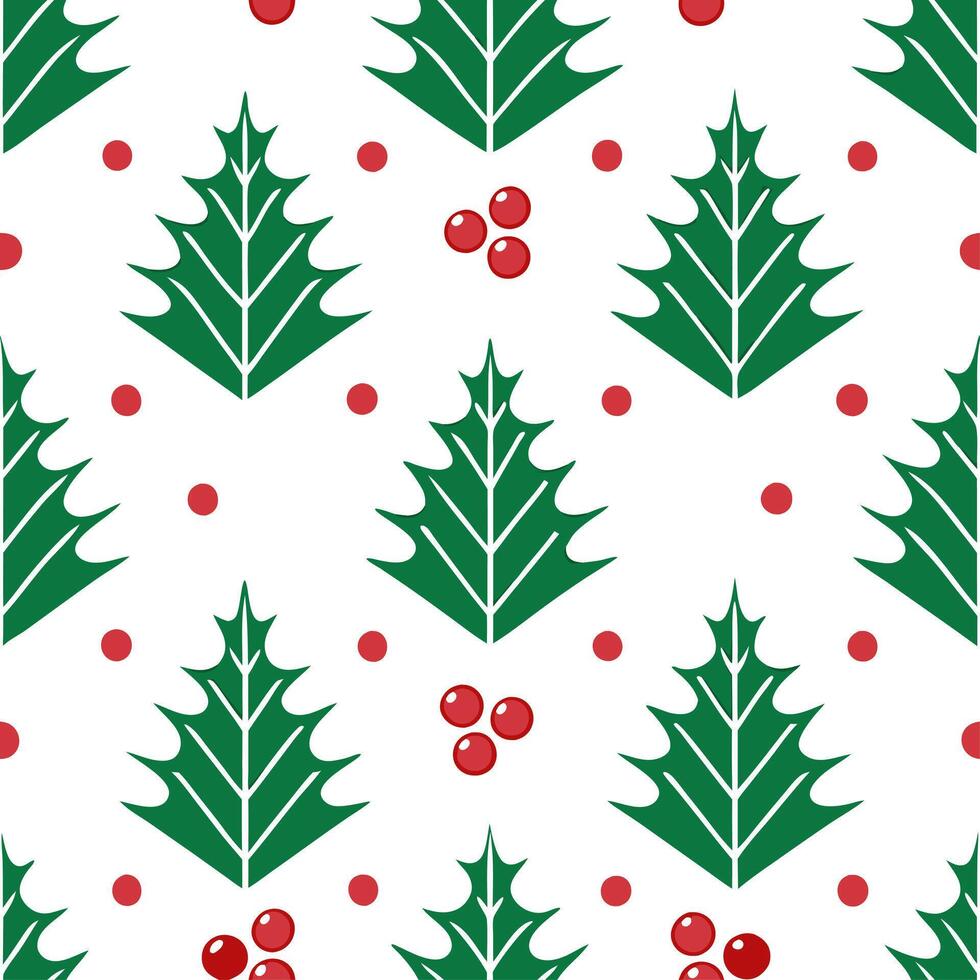 Winter seamless pattern with pine trees holly leaves and berries for a festive holiday design vector