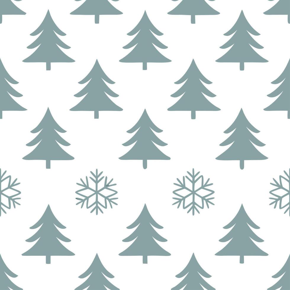 Winter seamless pattern with evergreen trees snowflakes and frosty textures for a traditional winter look vector