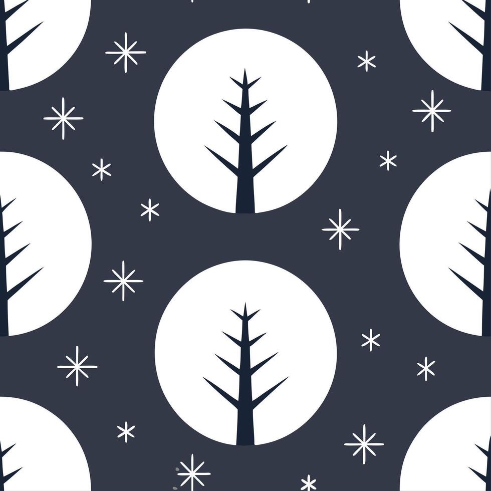 Winter nights seamless pattern with dark sky snowflakes and glowing trees for a mystical winter evening effect vector