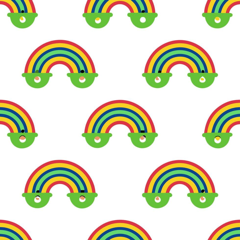 Whimsical leprechauns and rainbow seamless tile pattern with playful festive colors vector