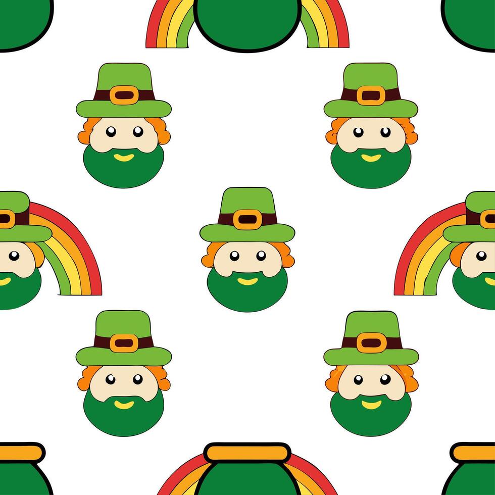 Whimsical leprechauns and rainbow pots of gold seamless tile pattern with playful colors vector