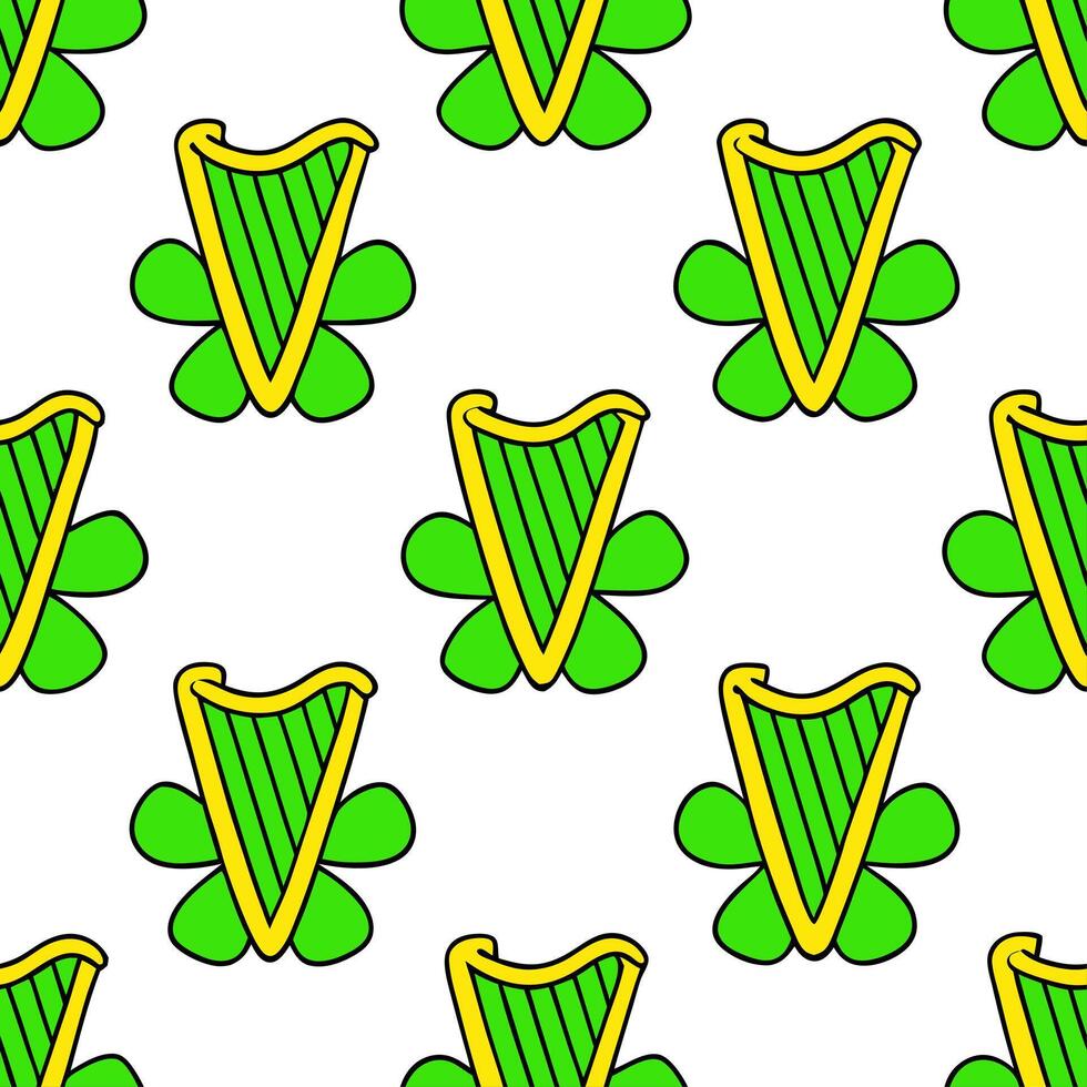 Whimsical Irish harps and clovers seamless tile pattern with vibrant green accents vector