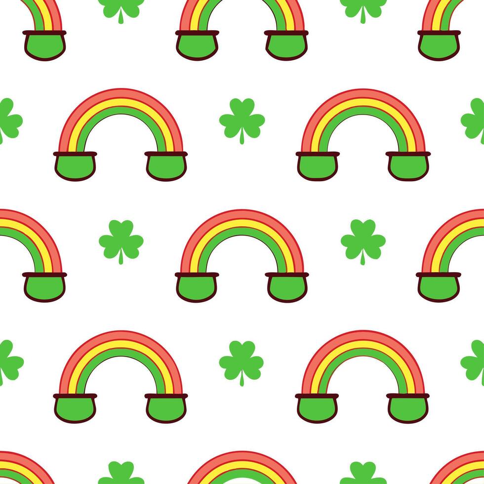 Whimsical pots of gold and clovers seamless tile pattern with vibrant rainbow accents vector