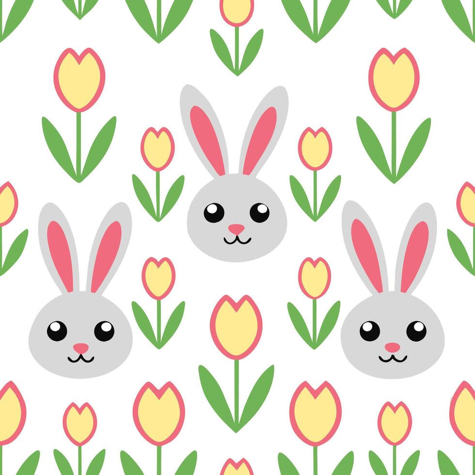 Whimsical Easter rabbits and tulips seamless tile pattern with playful spring elements vector
