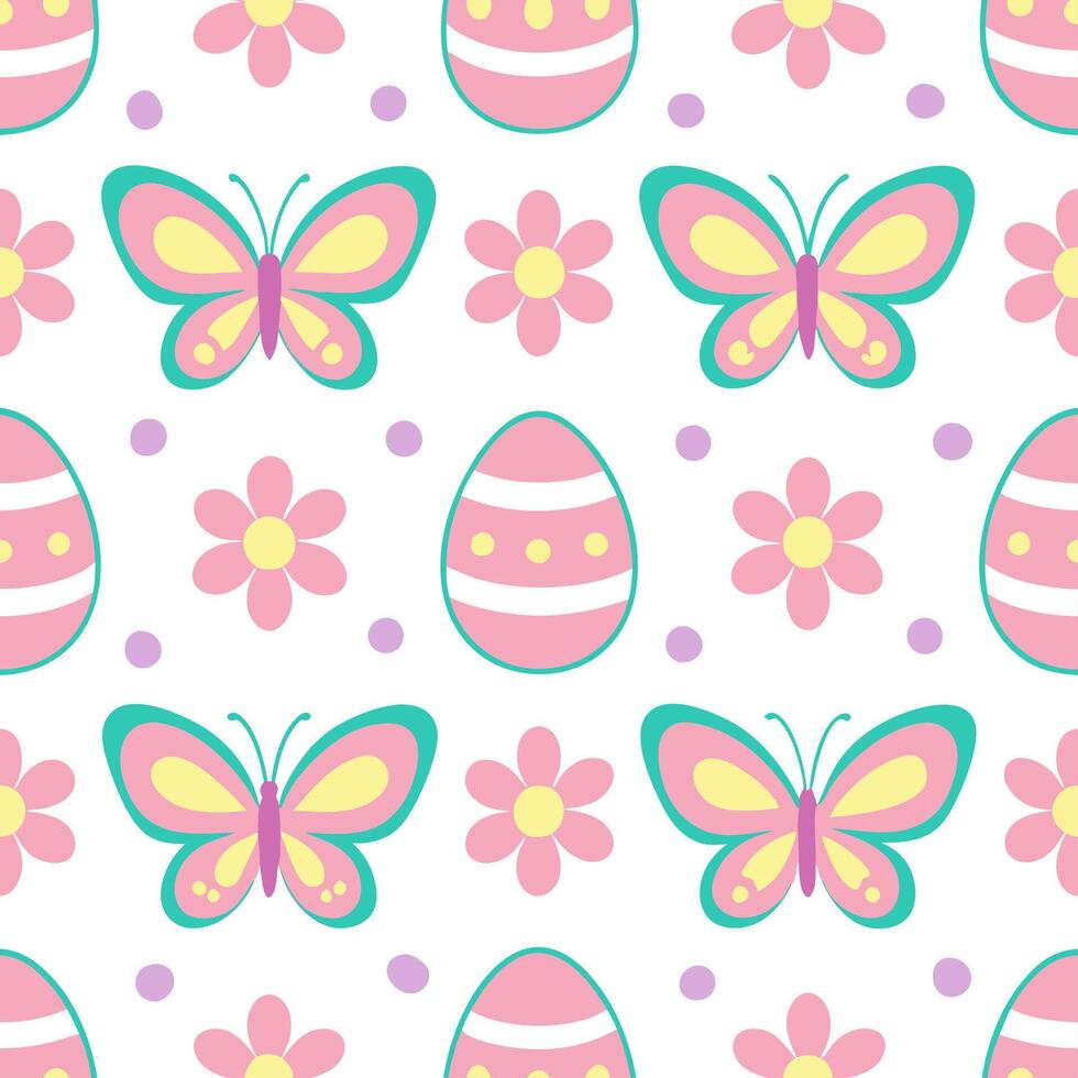 Whimsical Easter eggs and butterflies seamless tile pattern with colorful spring accents vector