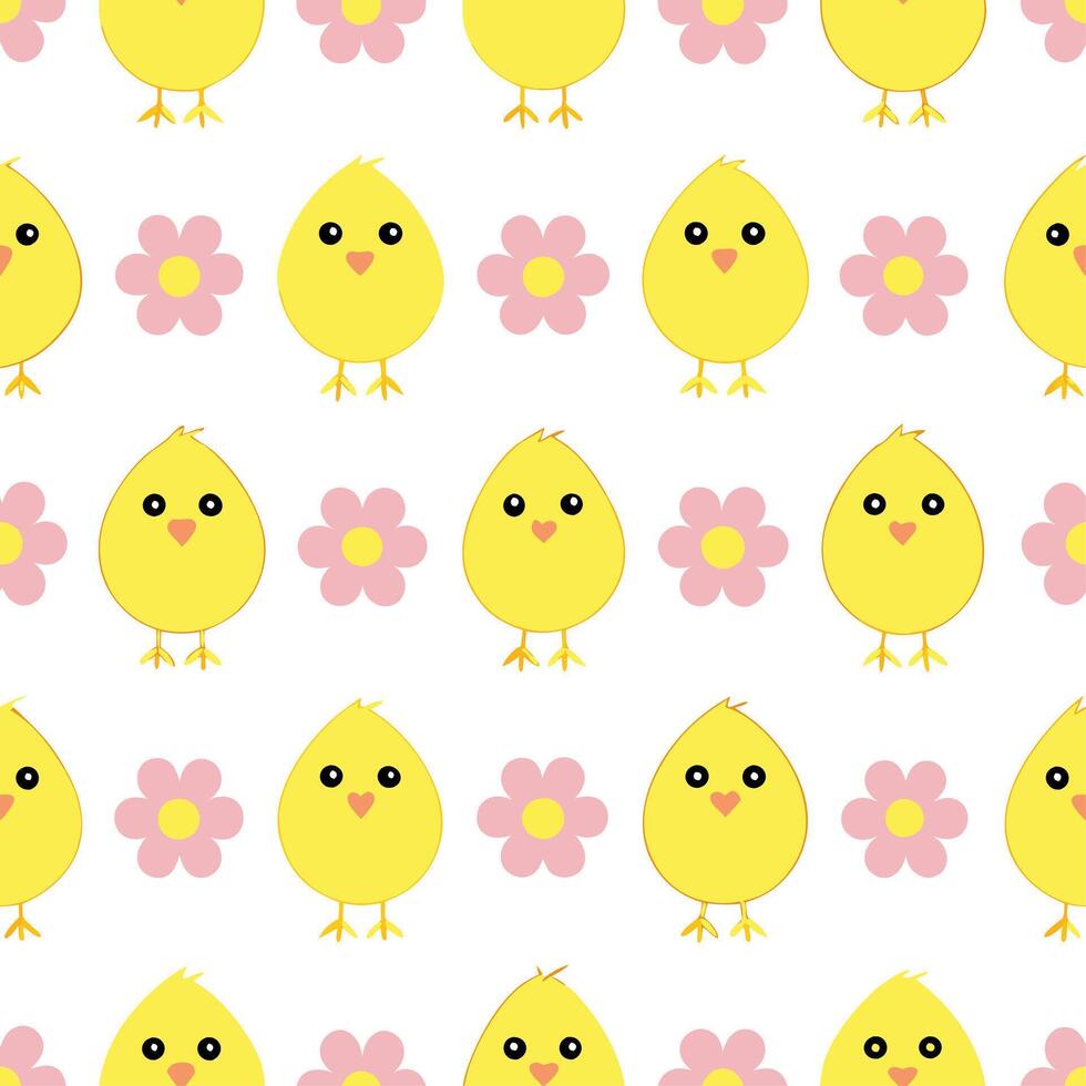 Whimsical Easter chicks and daisies seamless tile pattern with pastel spring colors vector
