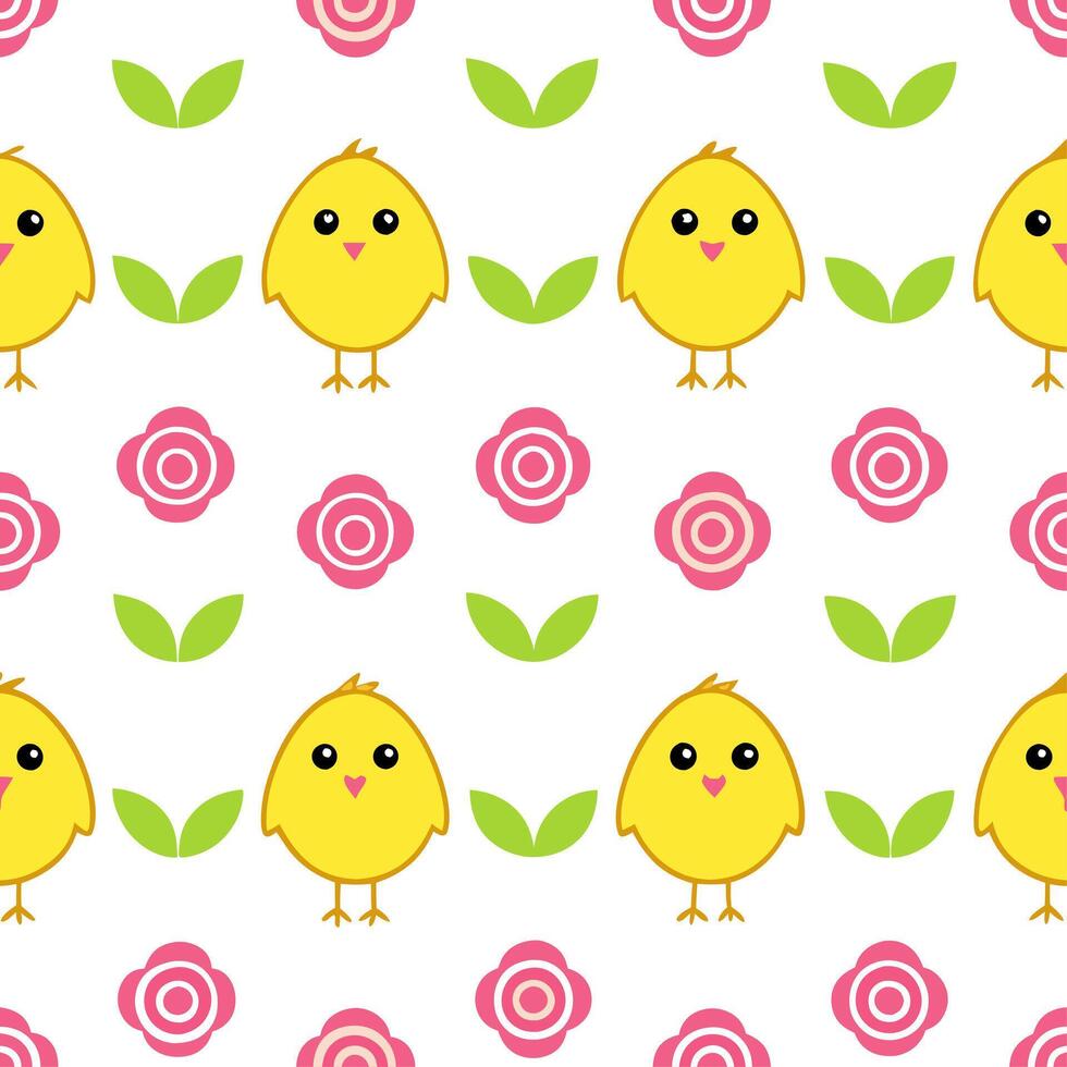 Whimsical Easter chicks and roses seamless tile pattern with playful spring colors vector