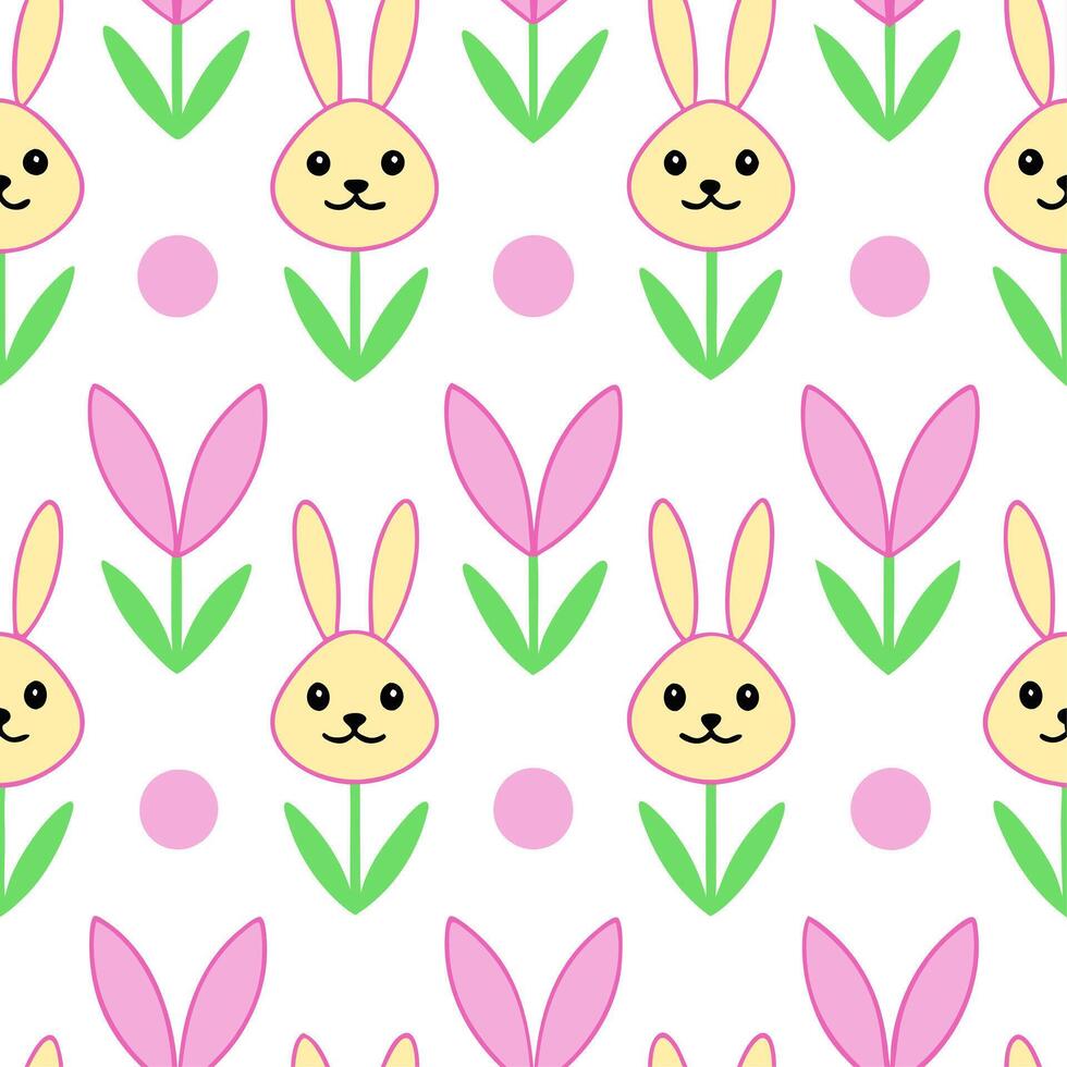 Whimsical Easter bunnies and tulips seamless tile pattern with playful spring colors vector