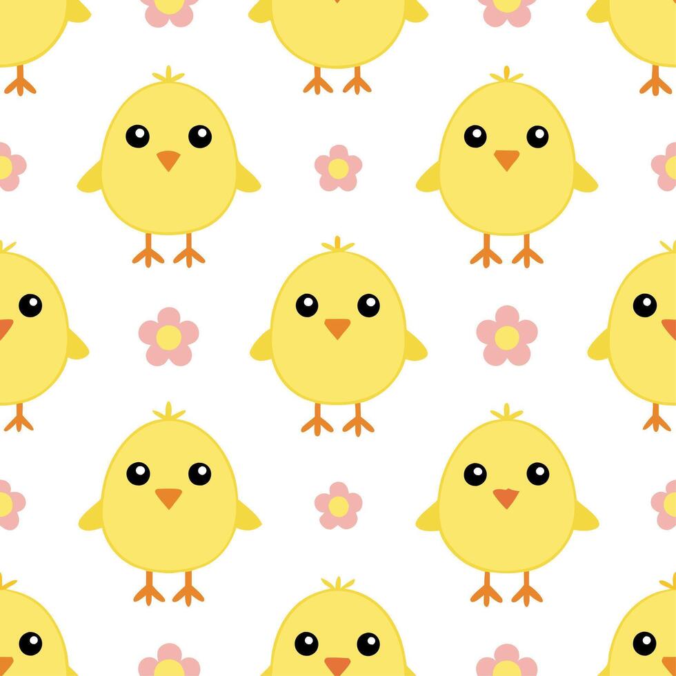 Whimsical Easter chicks and floral blooms seamless tile pattern with playful spring colors vector