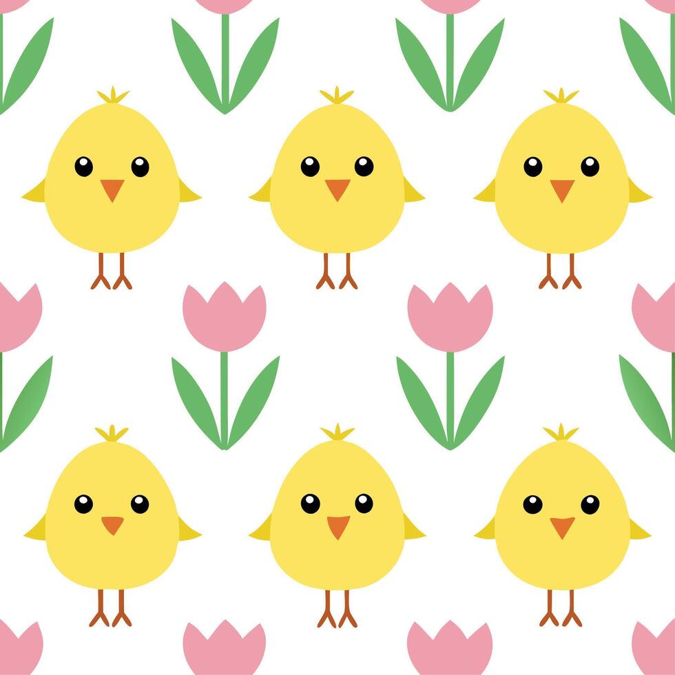 Whimsical Easter chicks and tulips seamless tile pattern with playful spring hues vector