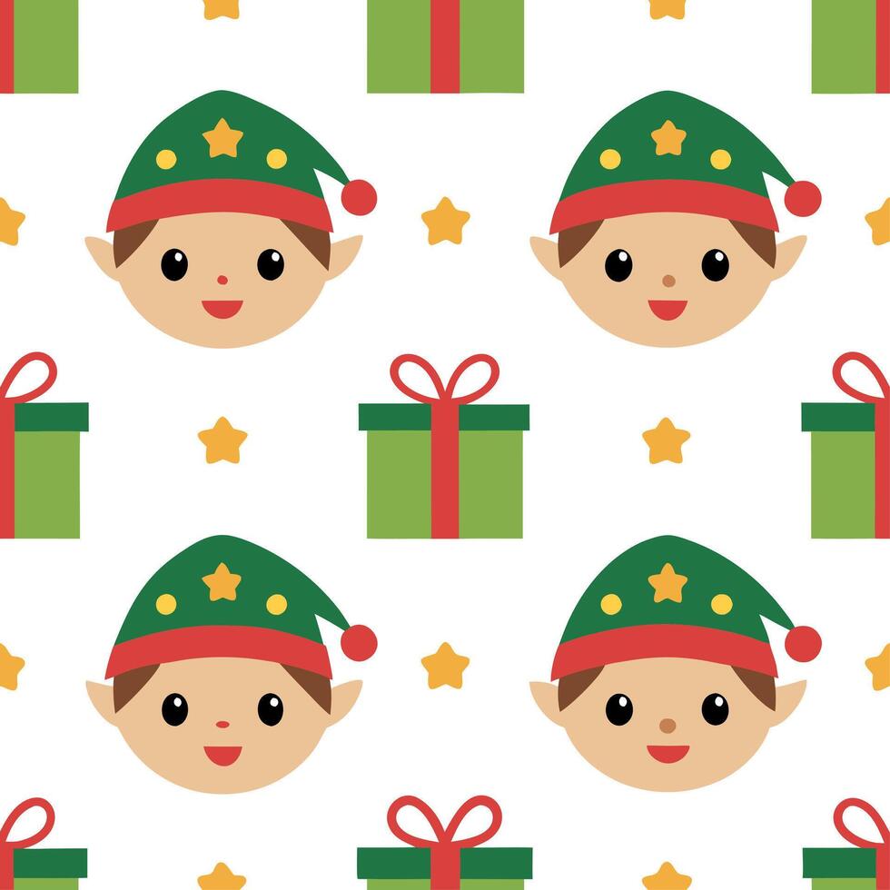 Whimsical Christmas elves and gifts seamless tile pattern with playful holiday elements Set 2 vector