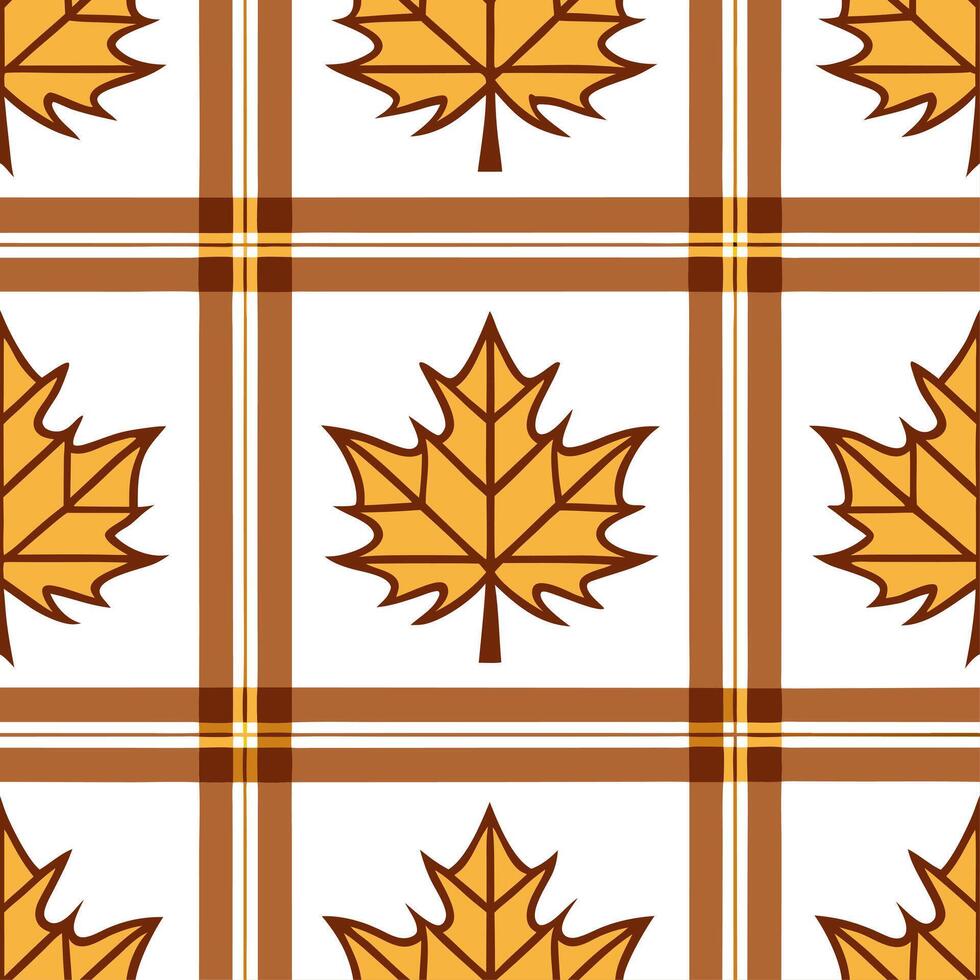 Warm toned plaid and leaf seamless tile pattern with autumn inspired colors and textures vector