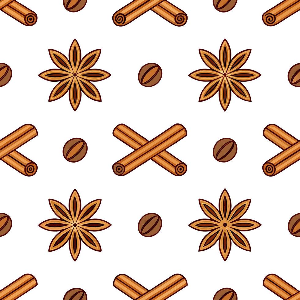 Warm autumn spices seamless tile pattern with cinnamon sticks nutmeg and cloves vector