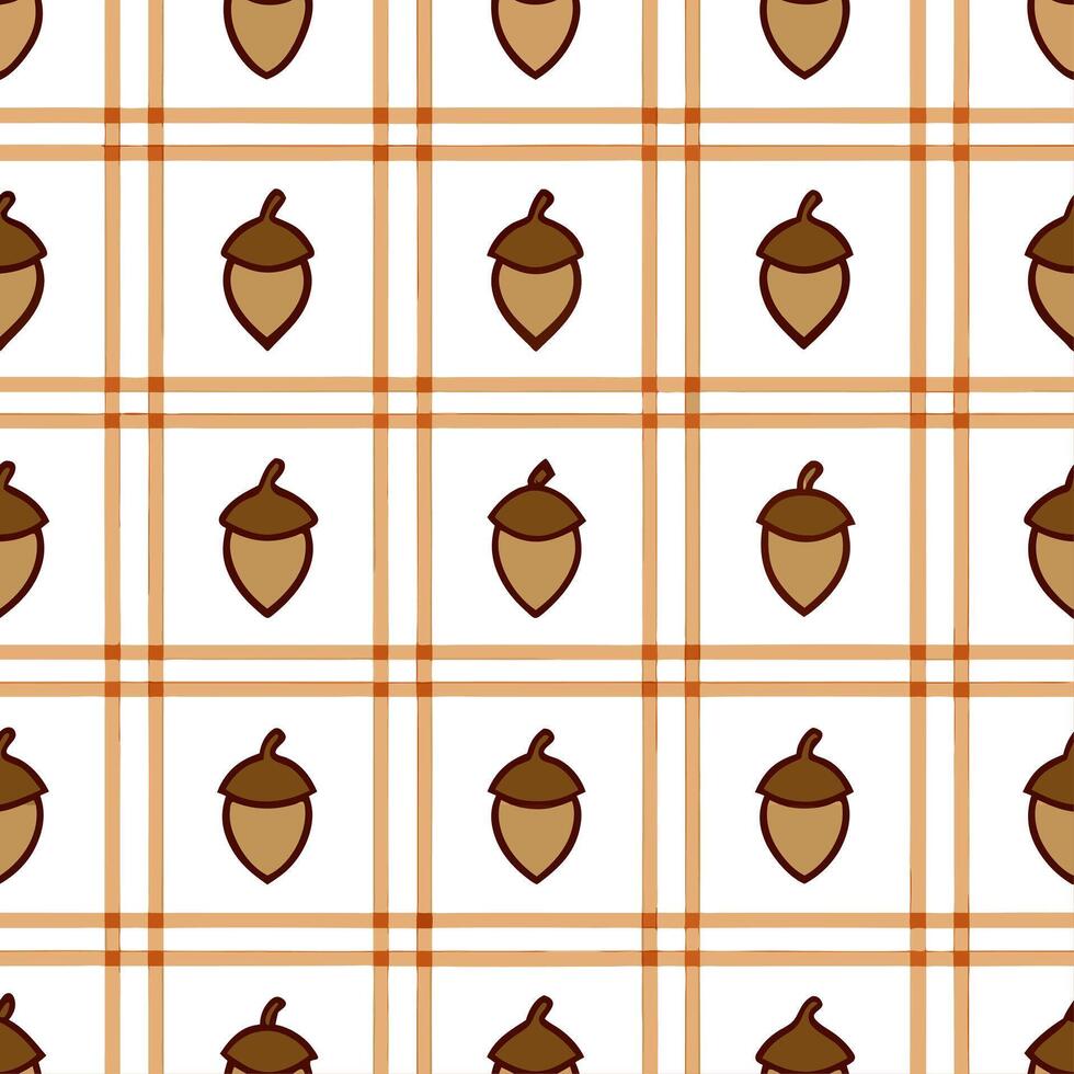 Warm autumn plaid and acorns seamless tile pattern with rustic textures vector
