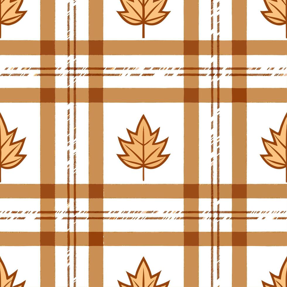 Warm toned autumn plaid and leaf seamless tile pattern with rustic textures vector