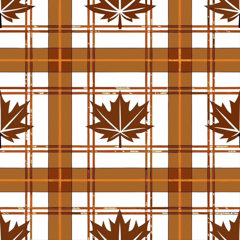 Warm toned plaid and leaves seamless tile pattern with autumn inspired designs vector