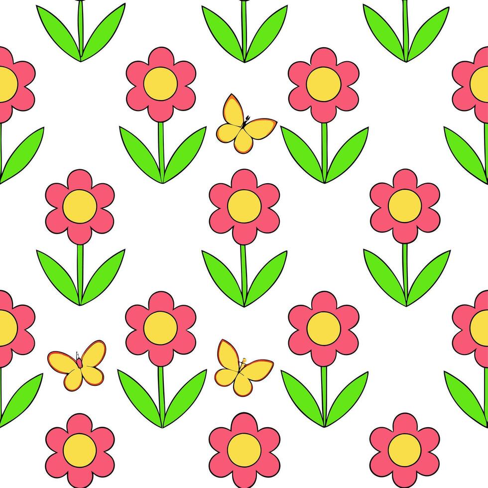 Vibrant spring nature seamless pattern with blooming flowers and fluttering butterflies for lively outdoor scenes vector