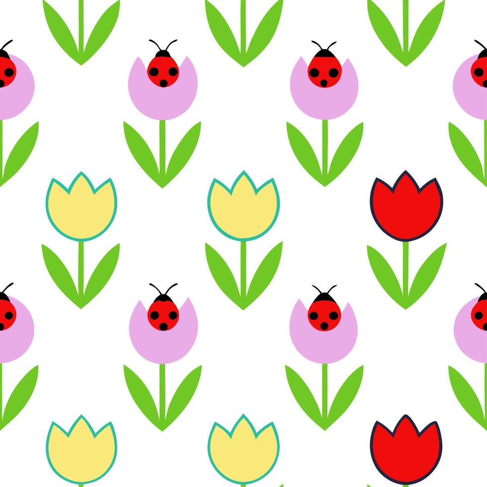 Vibrant Easter tulips and ladybugs seamless tile pattern with colorful spring accents Set 2 vector