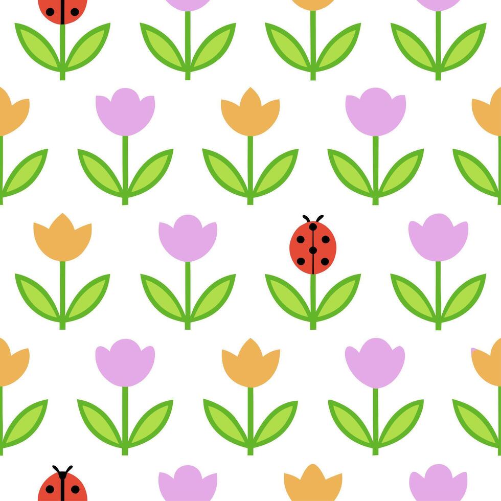 Vibrant Easter tulips and ladybugs seamless tile pattern with colorful spring accents vector