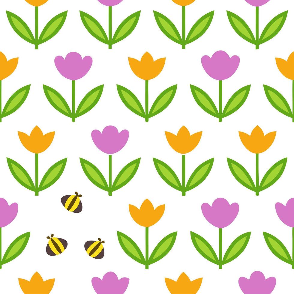 Vibrant Easter tulips and bees seamless tile pattern with lively spring elements vector