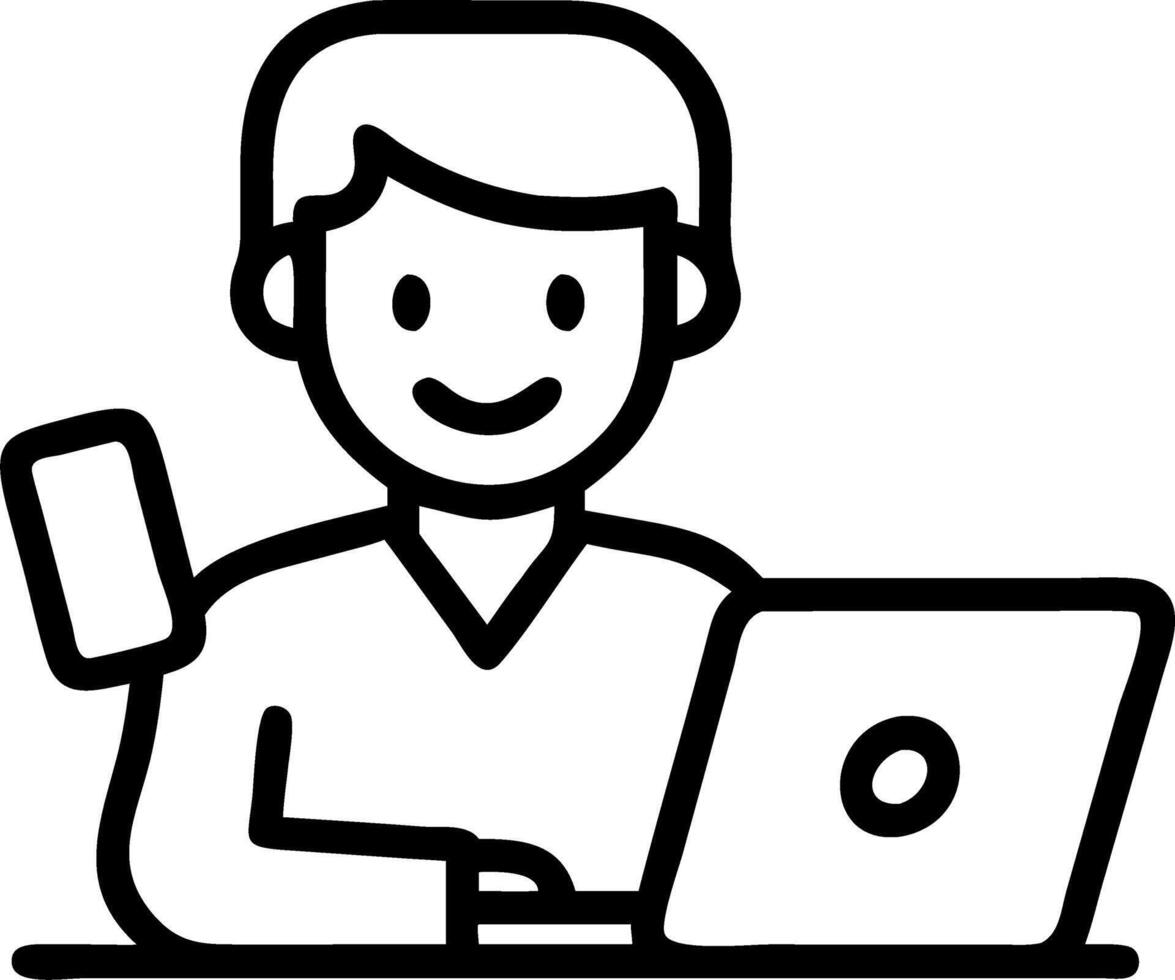 Vertical photo of happy busy young African business man company worker holds smartphone uses AI smart apps on mobile phone works on laptop sitting at office desk vector