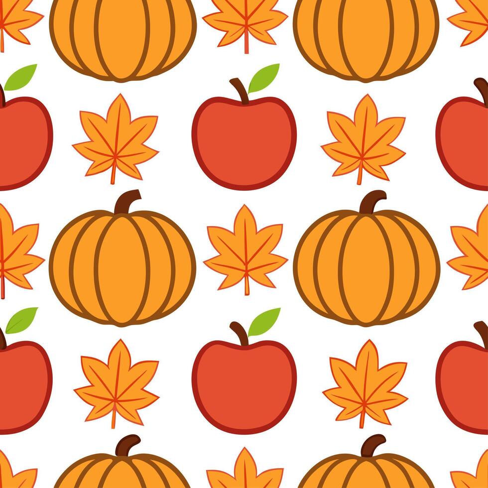 Vibrant autumn harvest seamless tile pattern with pumpkins apples and colorful leaves vector