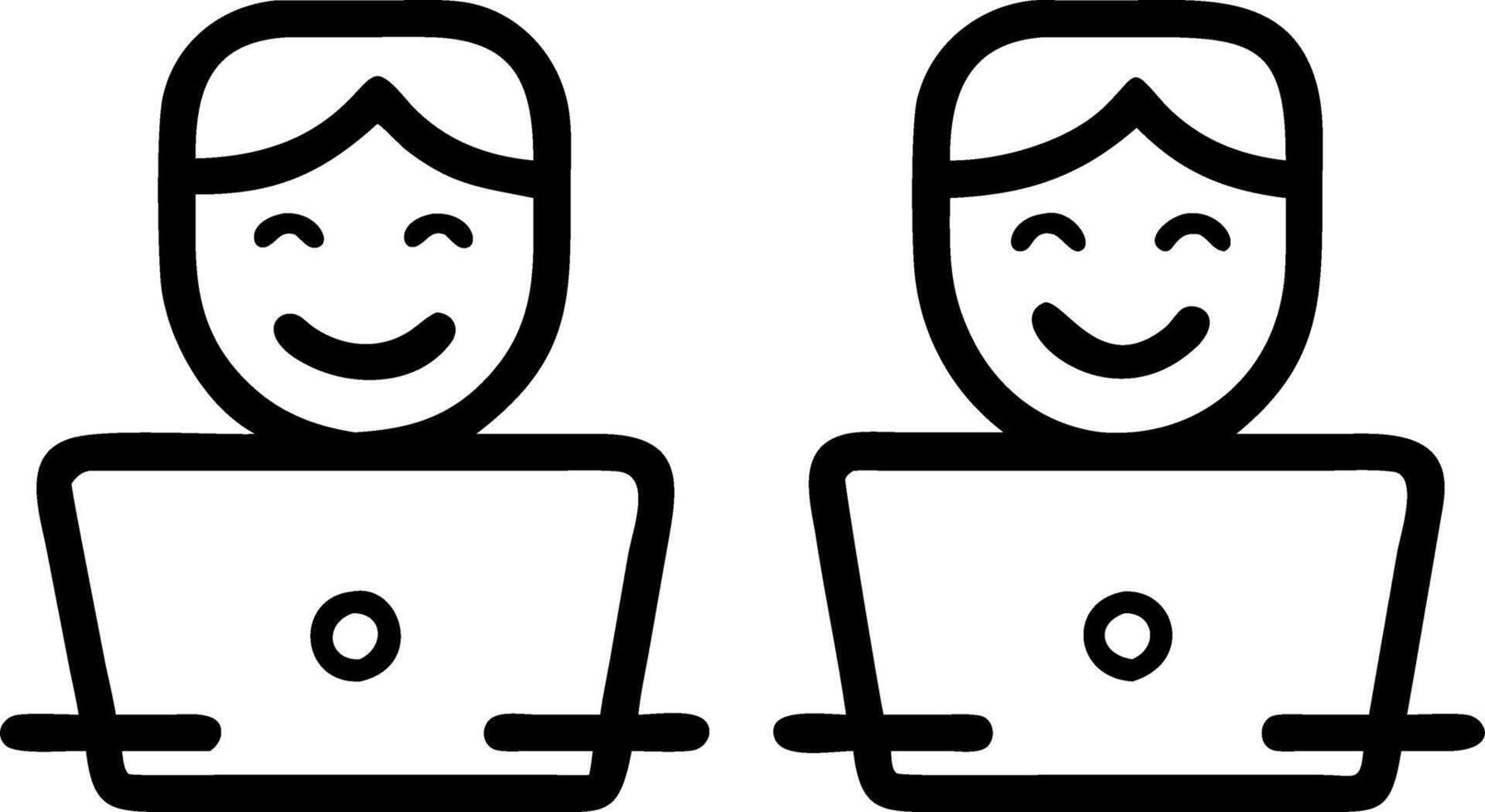 Two smiling professional businesspeople use laptops while talking in office happy colleagues or entrepreneurs discussing corporate technology as a team at workplace vector