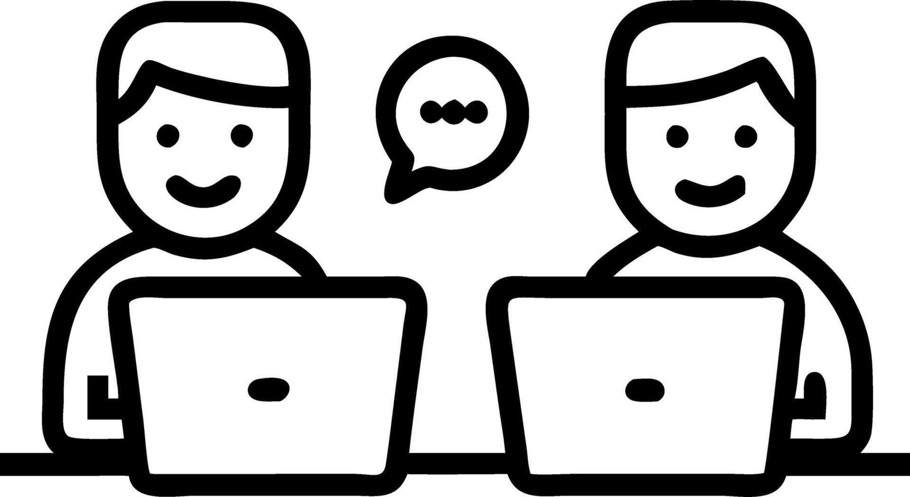 Two smiling professional business people talking using laptop computer working in office happy colleagues or entrepreneurs team man and woman discussing corporate technology at wor vector