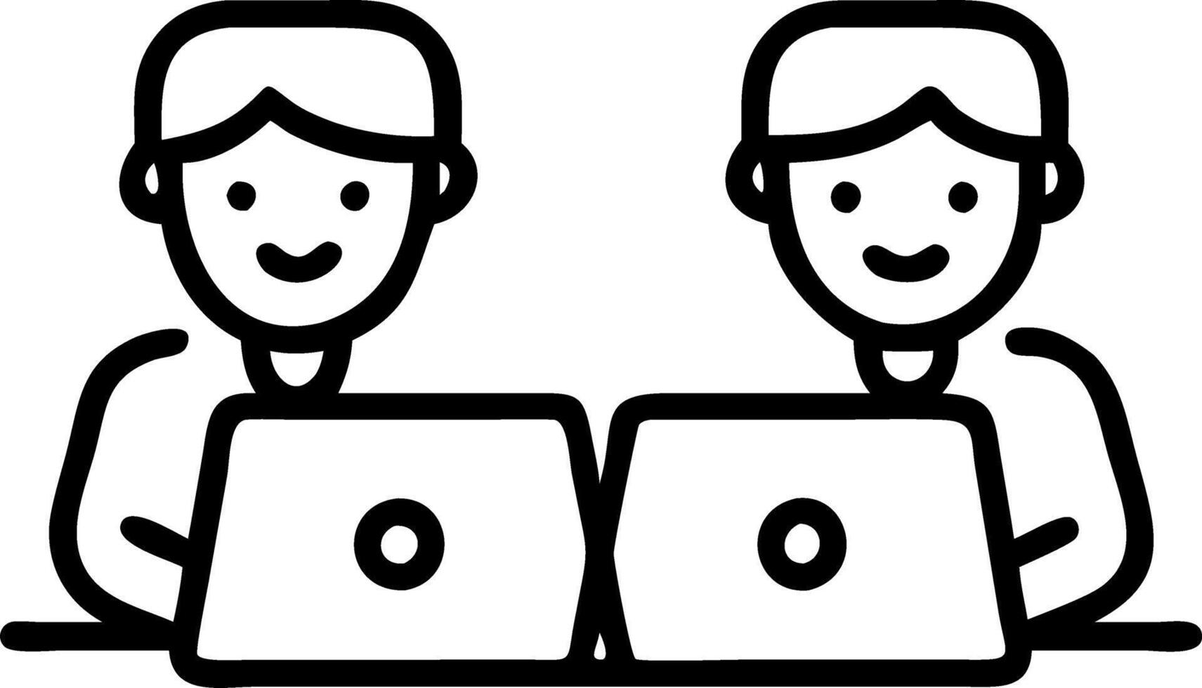 Two professional business colleagues smile while discussing corporate technology using laptop in office environment as entrepreneurs or team members Set 8 vector