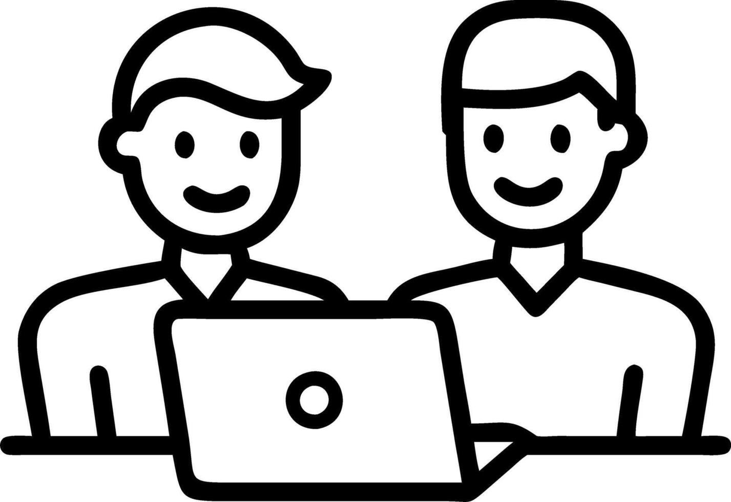 Two professional business colleagues smile while discussing corporate technology using laptop in office environment as entrepreneurs or team members Set 4 vector