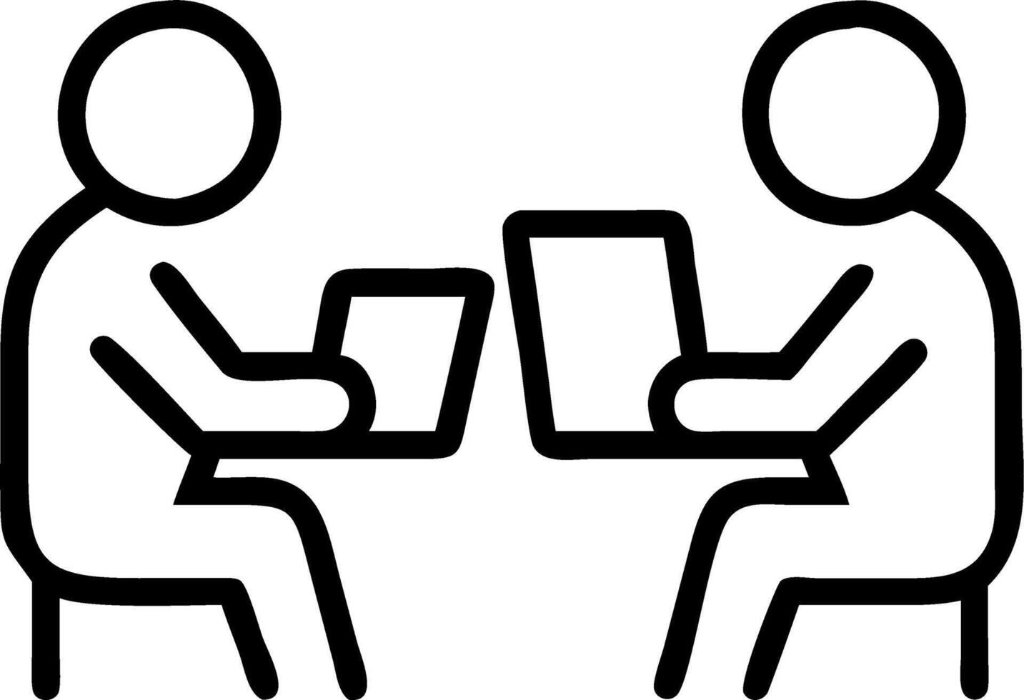 Two happy busy business colleagues having conversation at corporate meeting business team people having discussion planning sales financial strategy in company using tablet working vector