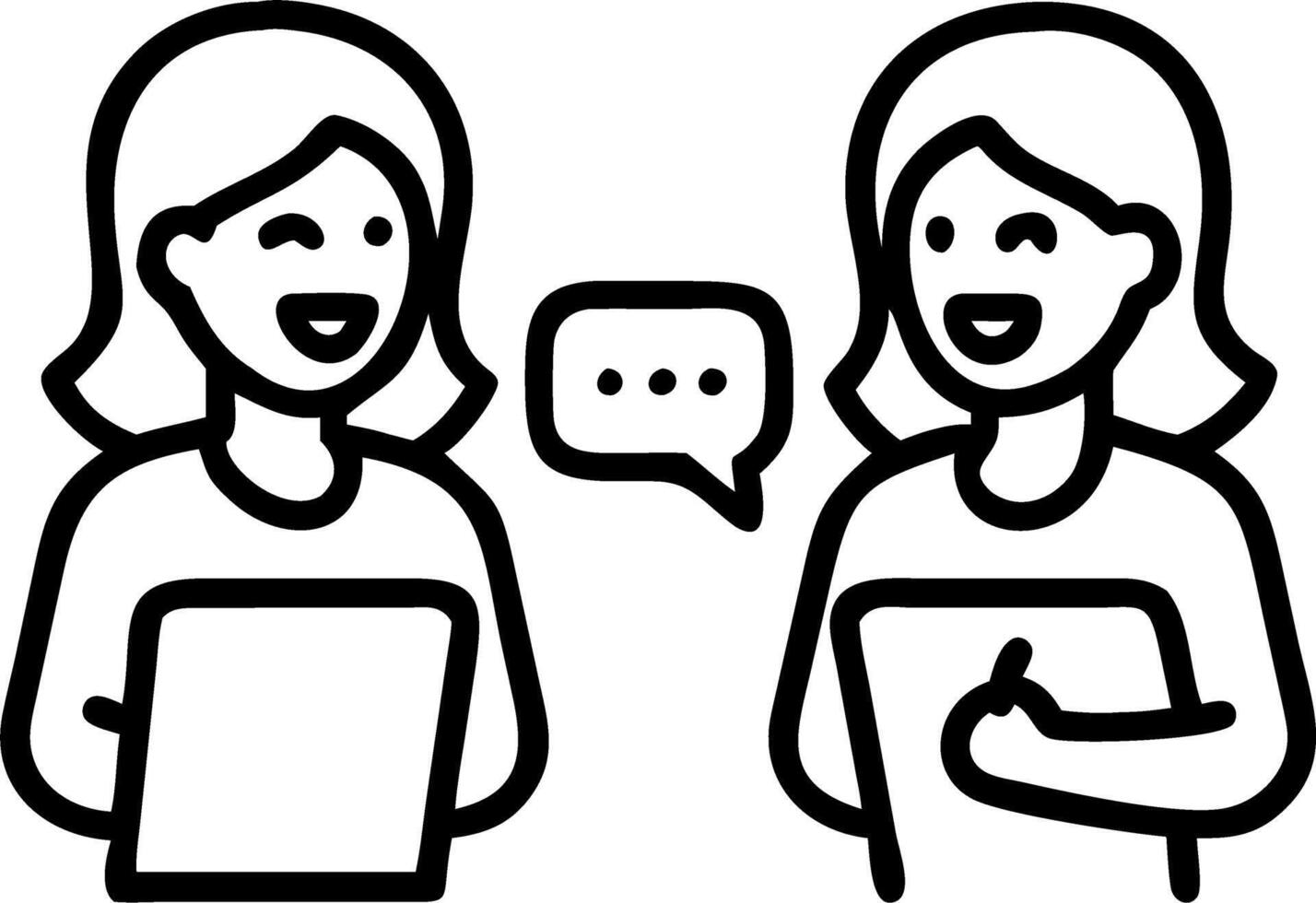Two happy business women of young and middle age talking standing in creative green office space Smiling professional ladies employees colleagues having conversation using digital vector