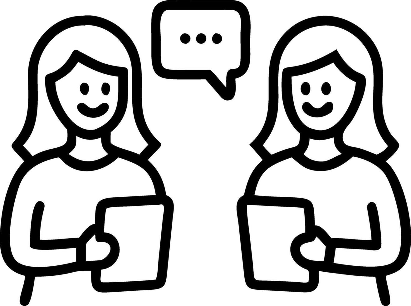 Two happy business women of young and middle age talking standing in creative green office space Smiling professional ladies employees colleagues having conversation using digital Set 5 vector