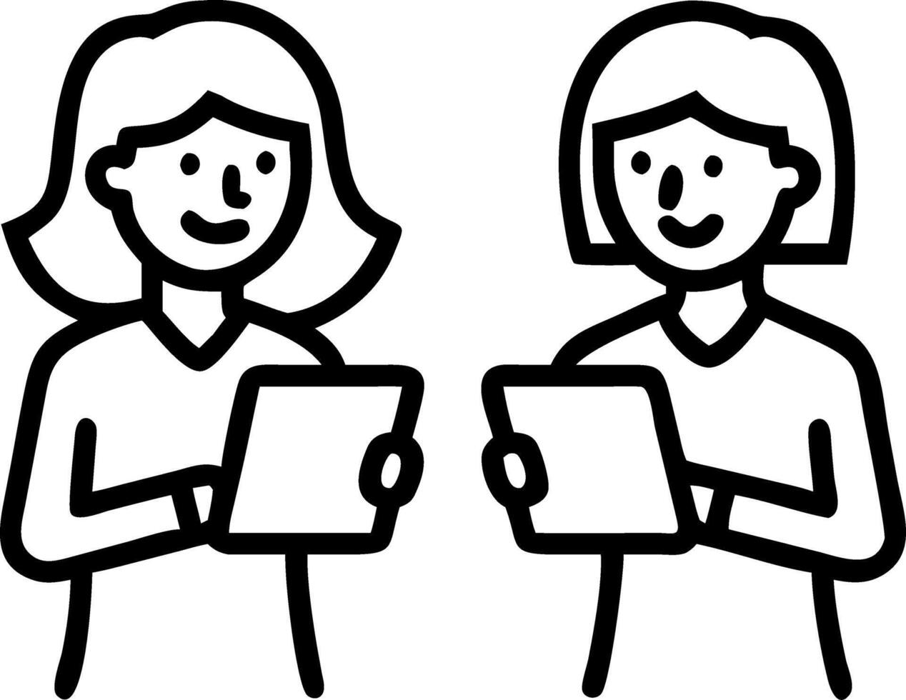 Two happy business women of young and middle age talking standing in creative green office space Smiling professional ladies employees colleagues having conversation using digital Set 7 vector