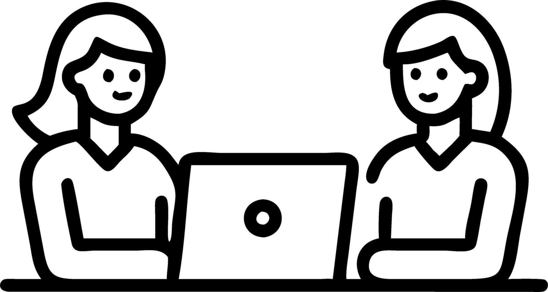 Two happy busy business women of young and middle age talking in green cozy office sitting at desk professional ladies executives having conversation sharing ideas using laptop at vector